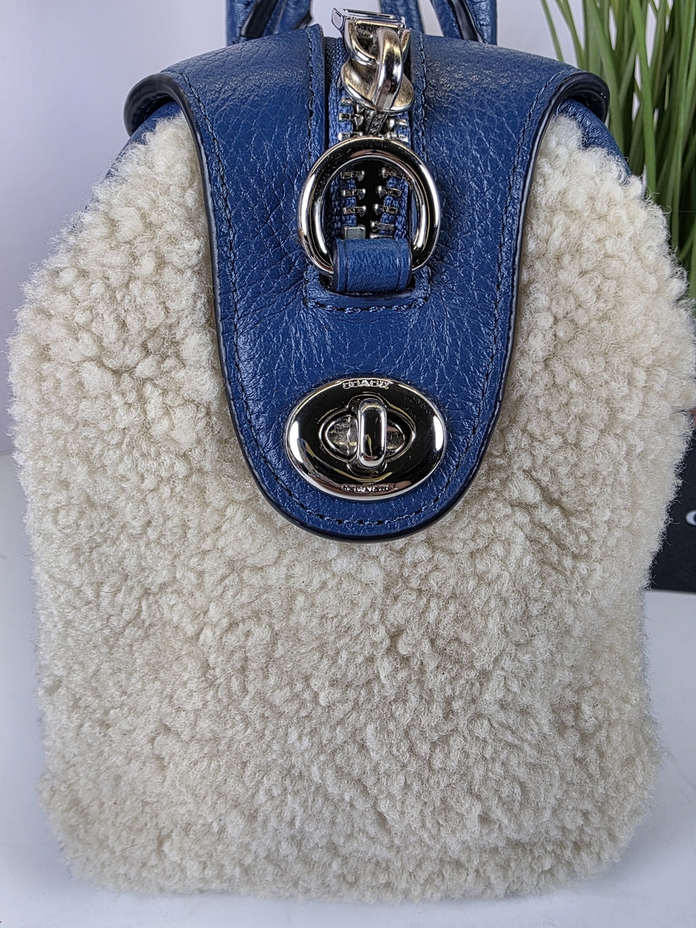 Coach Bennett Shearling Blue Pebble Leather Satchel Hand Crossbody Bag Sherpa - Picture 11 of 13